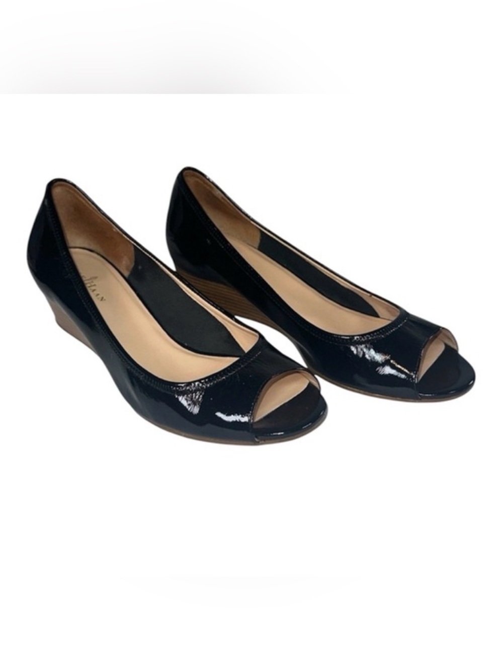 Cole Haan Women's Air Tali Peep Toe Wedge Pump Patent Leather Black Low Heel 10W